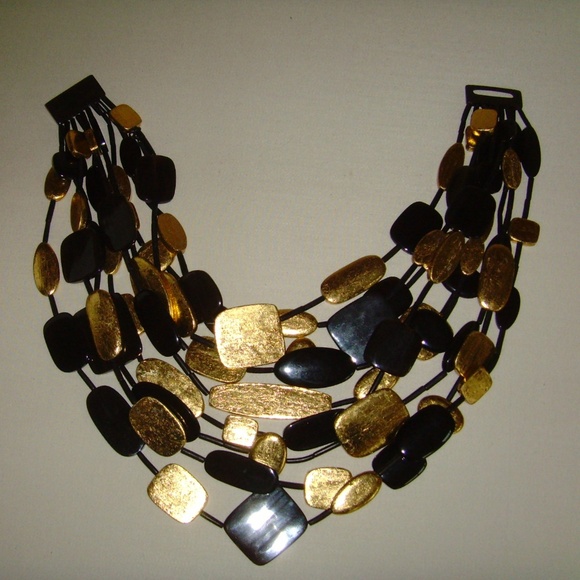 MONIES Gerda Lynggard Multi-Strand Black and Gold Leaf Statement Necklace - Picture 10 of 16